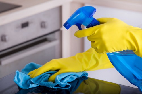 Domestic cleaning for kitchen and bathroom spaces in a Canary Wharf home